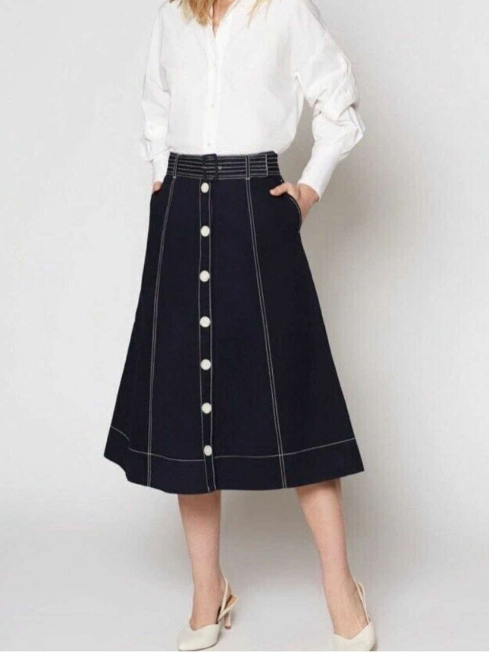 Joie Maylay Navy Midi Skirt with White Contrast Stitching | size 6